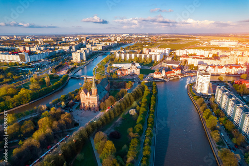 Central park city Kaliningrad Russia Fishing Village sunset summer day, aerial top view sunset