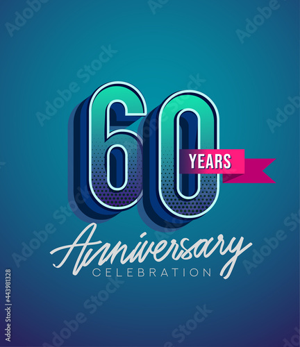 60th Anniversary Logo Design With Ribbon, Elegant Anniversary Logo With Blue Color, Design for banner and invitation card of anniversary celebration.