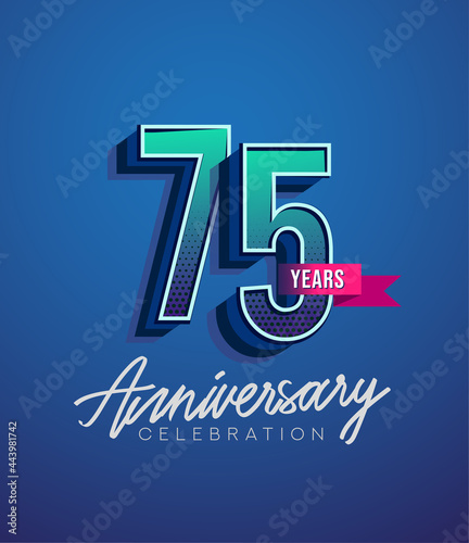 75th Anniversary Logo Design With Ribbon, Elegant Anniversary Logo With Blue Color, Design for banner and invitation card of anniversary celebration.