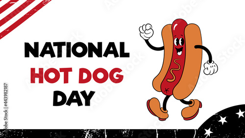 National Hot Dog Day July 21. Cartoon hot dog with mustard, American flag, and lettering. Food concept. Poster, card, banner.