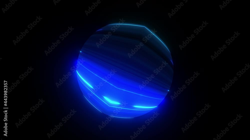 Glowing blue neon light futuristic sphere rotation on black background. 4K 3D rendering seamless loop abstract background animation. Technological sphere animation neon waves motion design template. Glowing blue neon light futuristic sphere rotation on black background. 4K 3D rendering seamless loop abstract background animation. Technological sphere animation neon waves motion design template.