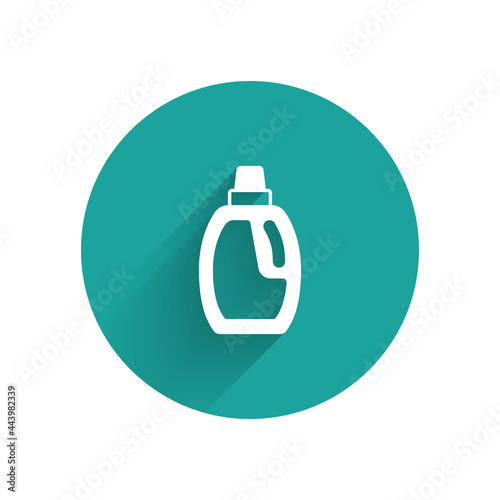 White Plastic bottle for laundry detergent, bleach, dishwashing liquid or another cleaning agent icon isolated with long shadow background. Green circle button. Vector
