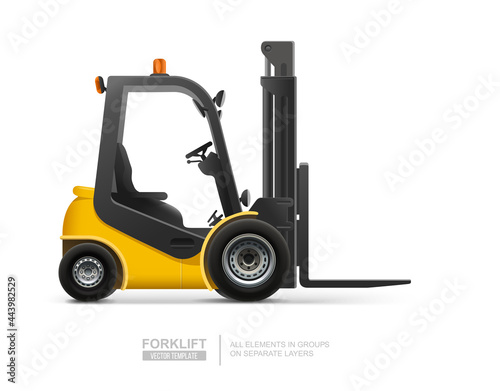 Realistic forklift truck warehouse  loader vector template. Delivery, logistic and shipping. Warehouse and storage equipment. Cargo electric forklift