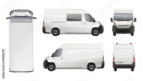 White Delivery Van vector template for Brand mockup design and corporate identity on Transport. Realistic Front and back view Cargo Mini Van Vehicle isolated on grey background. Service City transport