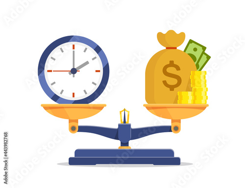 Time vs money on scales icon balance isolated vector on white background. Clock dial and money bag on measure scale. Weights with clock and golden coins  banknotes. Concept of business success 