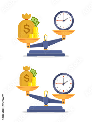 Clock dial vs Money bag on scales icon balance and imbalance isolated vector on white background. Time is money on measure scale. Weights with clock and money golden coin. Concept of business success 