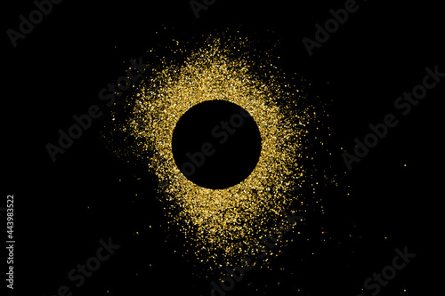 Golden Frame Explosion Of Confetti. Gold Glitter Texture Isolated On Black. Space For Text. Celebratory Background. Vector Illustration, Eps 10.