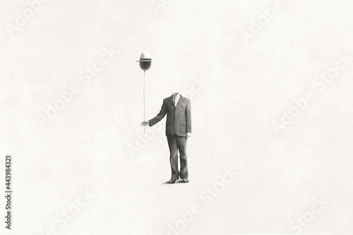 illustration of man without face holding black balloon with hat, surreal absence concept photo