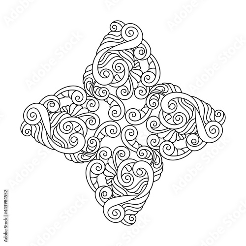 Coloring book for adult and older children. Mandala flower , Four petals, hand drawn mandala pattern. Vector abstract illustration