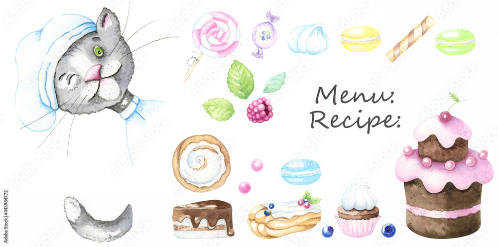 Watercolor set with a cat the chef for menus, recipes, schedules, diets. Sweets and pastries. Funny cat.