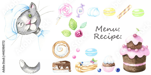 Watercolor set with a cat the chef for menus, recipes, schedules, diets. Sweets and pastries. Funny cat.