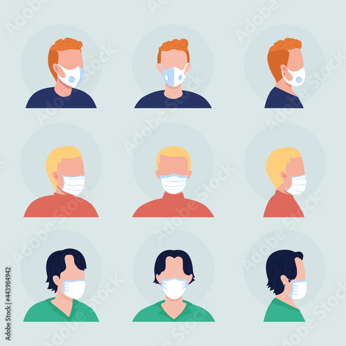 Face covering semi flat color vector character avatar with mask set. Portrait with respirator from front and side view. Isolated modern cartoon style illustration for graphic design and animation pack