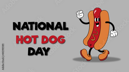 National Hot Dog Day July 21. Cartoon hot dog with mustard, American flag, and lettering. Food concept. Poster, card, banner.