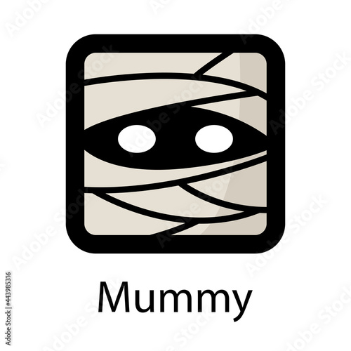 Logo con palabra Mummy con cabeza de momia con forma de cuadrado en color gris y negro