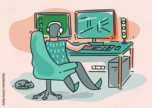 Streamer playing the game. Vector illustration with person and computer.