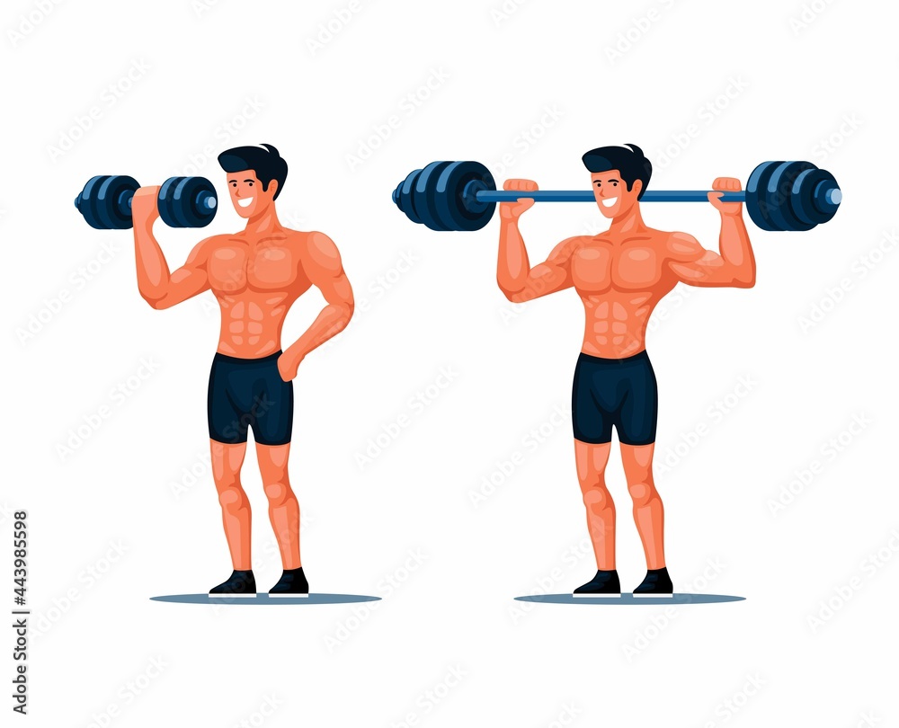 Obraz premium Muscle man excercise with lifting dumbbells. athlete in fitness gym character set illustration vector