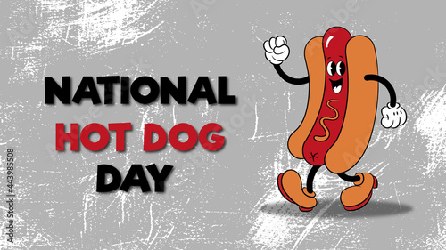 National Hot Dog Day July 21. Cartoon hot dog with mustard, American flag, and lettering. Food concept. Poster, card, banner.