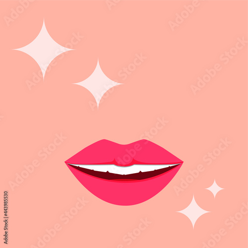 Beautiful, well-groomed, healthy skin. Woman's face, bright lips, smile, shine of the skin. Concept: cosmetic procedures, beauty and health. Vector illustration, flat cartoon design.