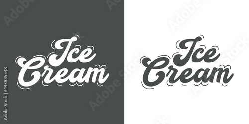 Logotipo con texto Ice Cream en caligrafía con linea exterior en fondo gris y fondo blanco