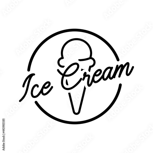 Logotipo con texto Ice Cream con helado de cono en círculo con lineas en color negro