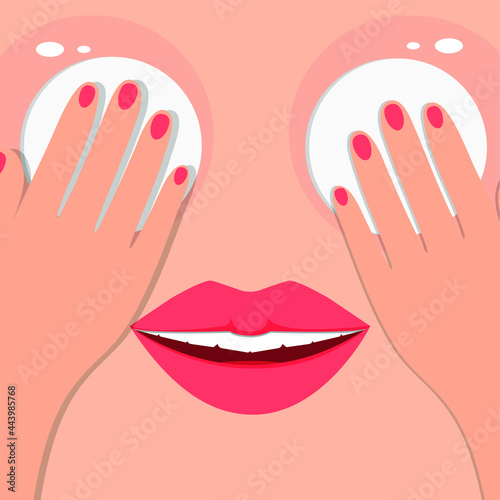 Wipe your face with a cotton pad dipped in tonic. Skin toning, cosmetic care. Hands apply micellar water, lotion to the face. Vector illustration, flat color cartoon, flat design.