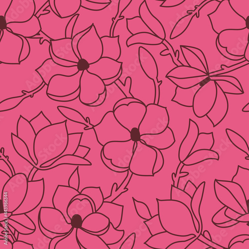 Seamless floral pattern. A linear hand drawing with flowers and leaves of magnolia. Burgundy outline on a pink background. Vector illustration