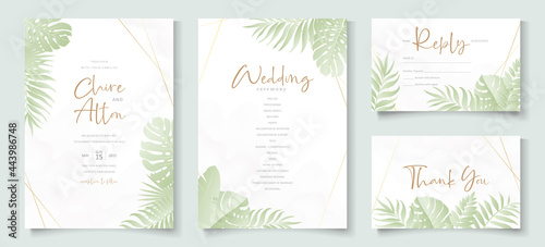 Wedding invitation template with tropical leaf design