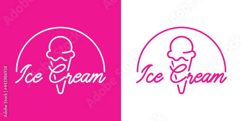 Logotipo con texto Ice Cream con helado de cono en círculo con lineas en fondo rosa y fondo blanco