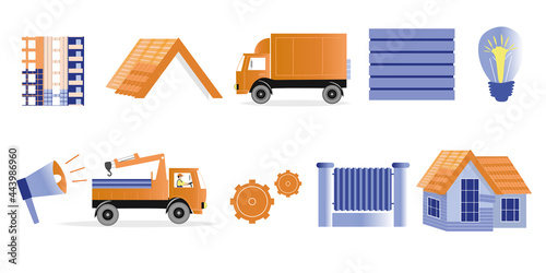 Set construction theme. Illustrations of unfinished building and houses, trucks, building materials, lamp and horn. Vector set for design on the theme of construction