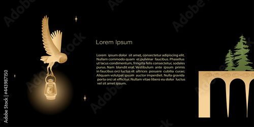 Vector Template mystic and elf theme, banner with  bridge and flying owl with lamp on black background, copy space. For invitation, cards or banner and  poster, Landing page