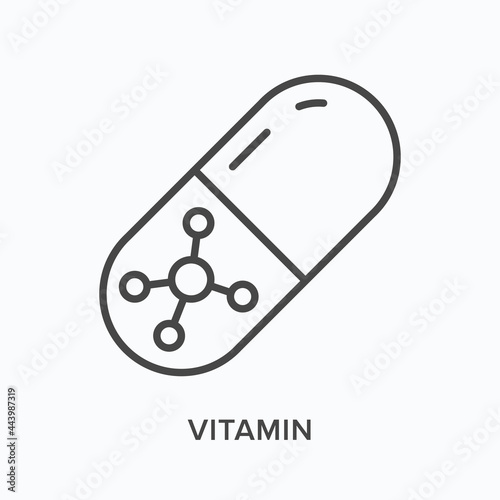 Vitamin flat line icon. Vector outline illustration of capsule. Black thin linear pictogram for medicaments