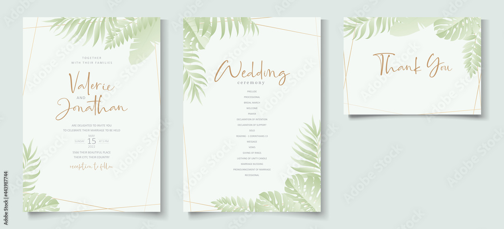 Wedding invitation template with tropical leaf design