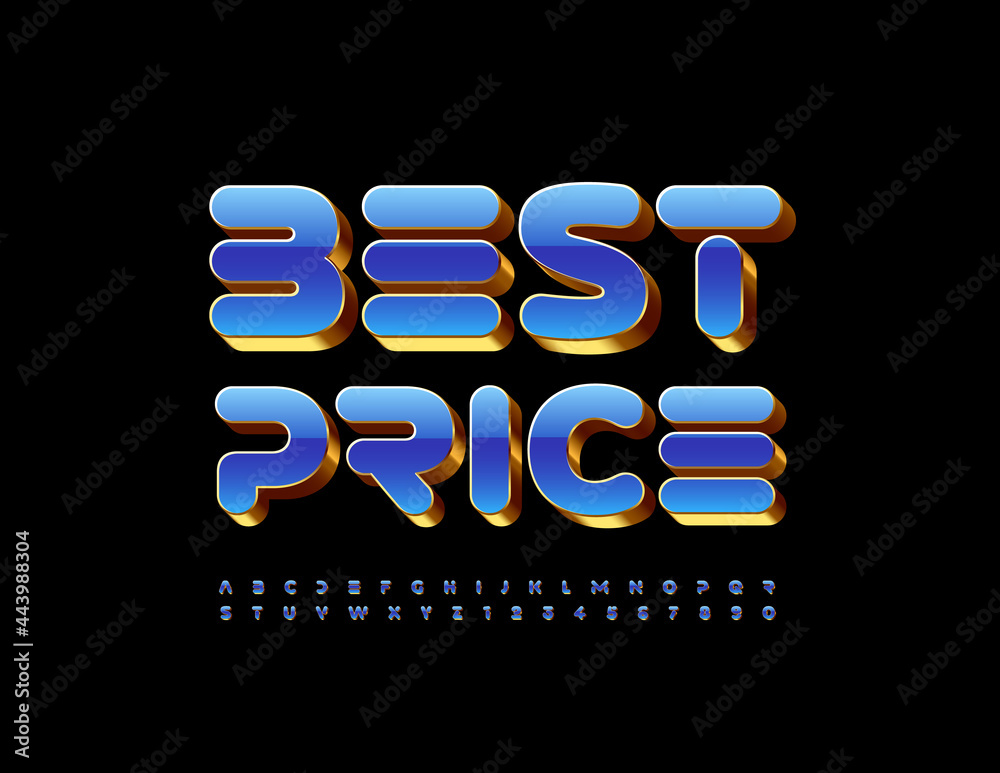 Vector advertising coupon Best Price. Gold and Blue techno Font. 3D Alphabet Letters and Numbers set