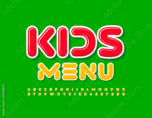 Vector creative template kids Menu. Childish bright Font. Set of Yellow Alphabet Letters and Numbers