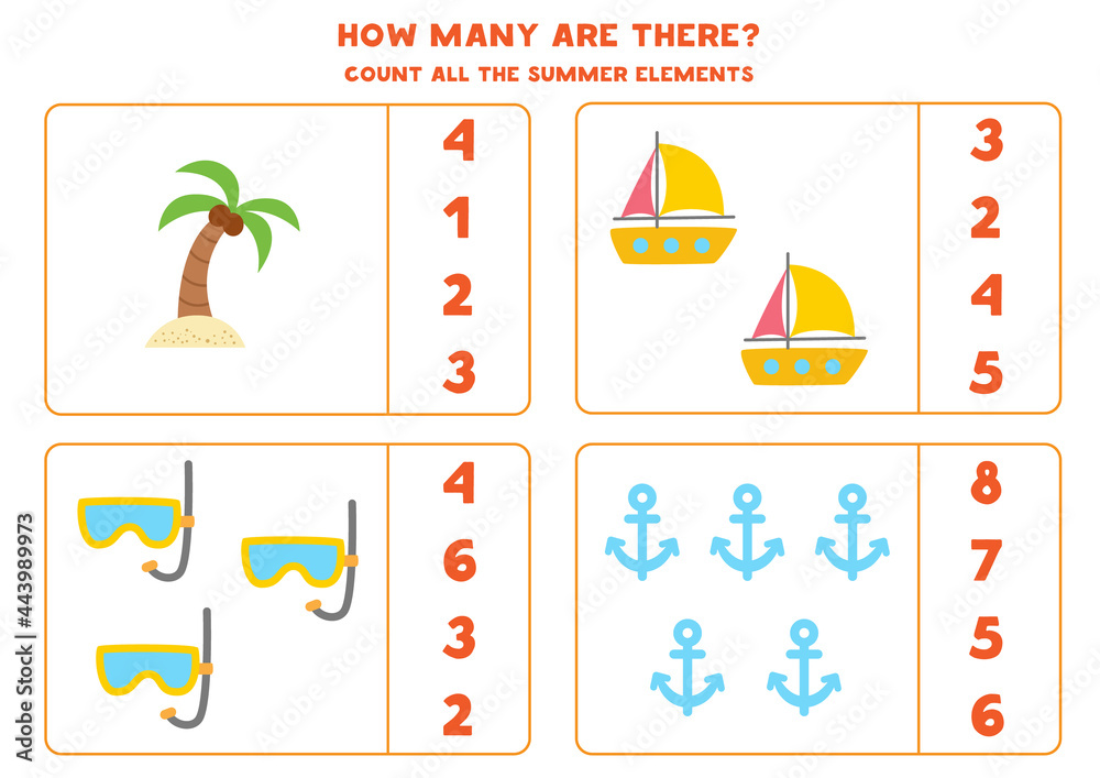 Counting game with cartoon summer elements. Math worksheet.