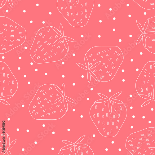 Seamless pattern with strawberries, white polka on pink background. Vector hand drawn illustration.