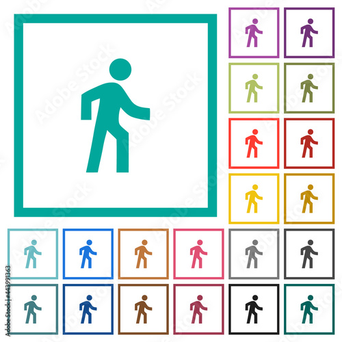 Man walking right flat color icons with quadrant frames