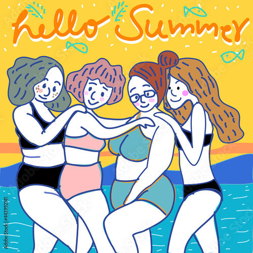group of girls friend in bikini on the beach in summer with blue sea mountain and sunset sky hand drawn cartoon vector.best friends group.