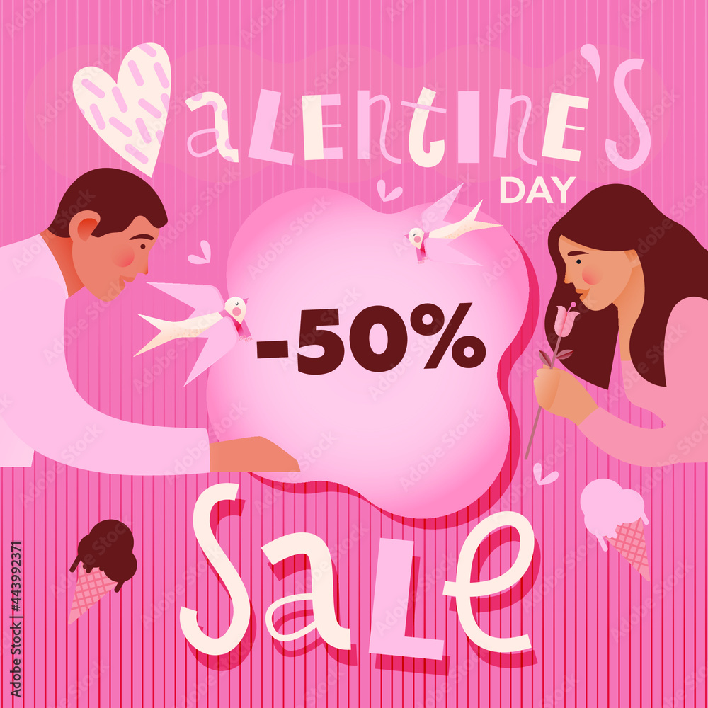 Valentine's Day Sale Poster with Lettering and Decorative Elements. Couple. Pigeons. Modern Flat Vector Illustration. Social Media Ads. Valentine's Day Sale Poster with Lettering and Decorative Elements. Couple. Pigeons. Modern Flat Vector Illustration. Social Media Ads.