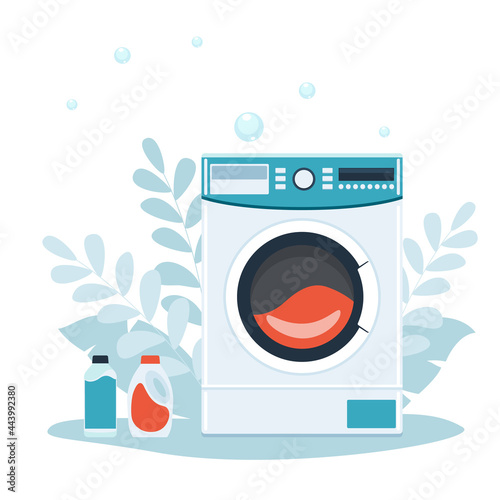 Washing machine with bubbles. Flat style vector illustration.
