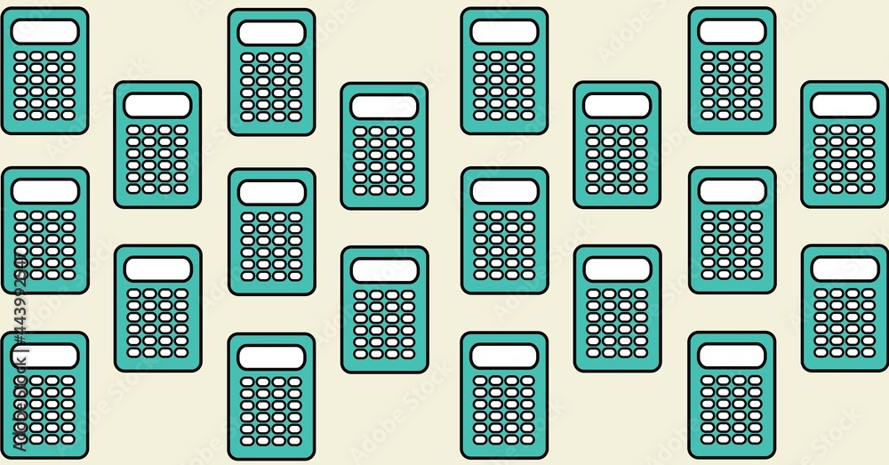 Composition of blue calculators repeated in rows on beige background Composition of blue calculators repeated in rows on beige background