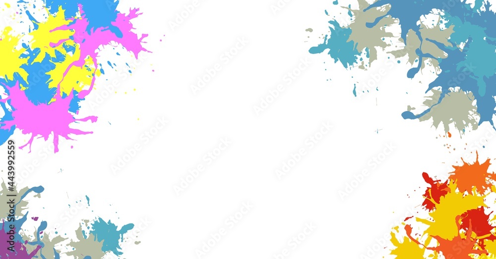 Composition of pink, blue, grey, orange and red paint splats on white background