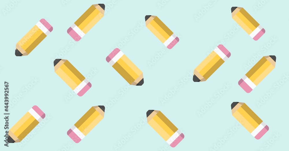 Composition of yellow pencils repeated on pale blue background Composition of yellow pencils repeated on pale blue background