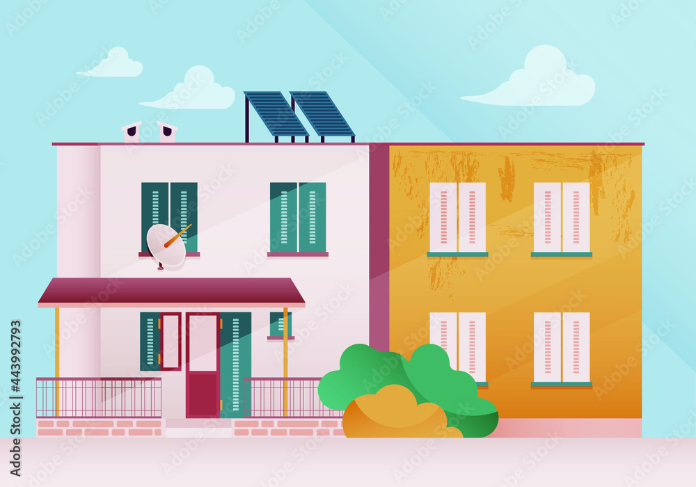 Vector illustration in Simple Minimal Geometric Flat Style. Beautiful City Landscape with Buildings and Trees. Cute Exterior Concept. Sea view.