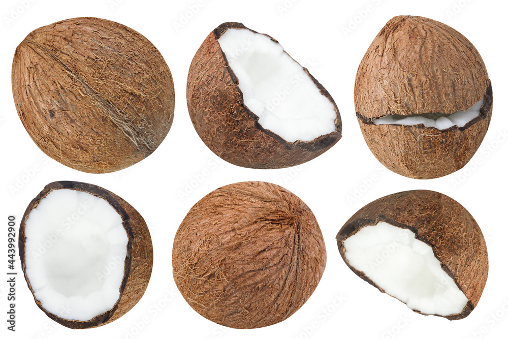 Collection or set of delicious coconuts, isolated on white background Collection or set of delicious coconuts, isolated on white background