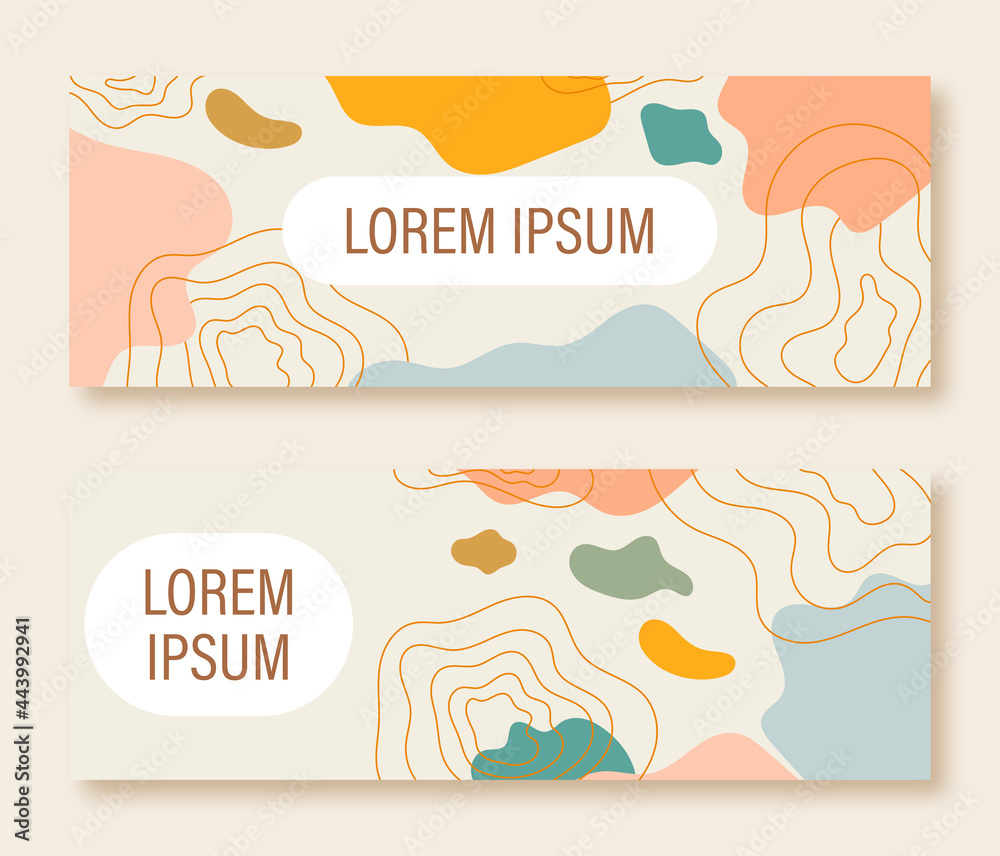 Set of banners, posters with abstract shapes in doodle style with white frame and place for your text. Organic shapes
