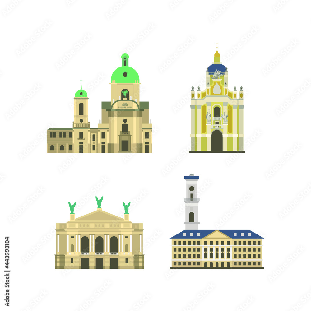 Cartoon symbols of Lviv. Popular tourist architectural object: Dominican church and monastery, Saint Yura Cathedral, National Academic Theatre of Opera and Ballet, City Hall, Ukraine