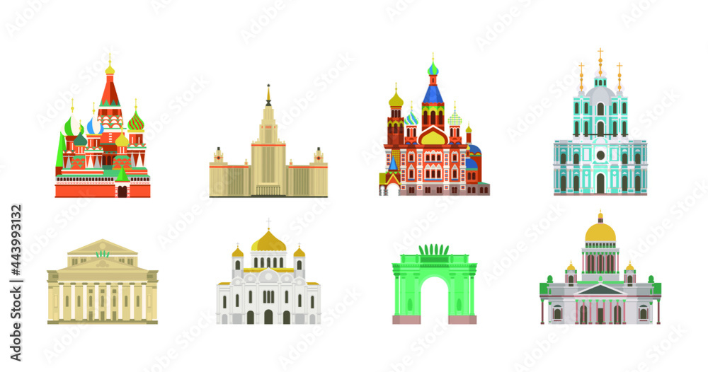 Cartoon symbols of Russia. Popular tourist architectural objects.