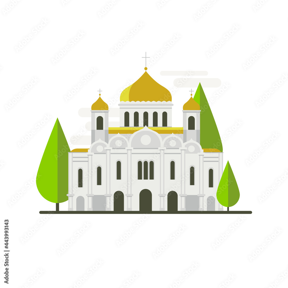 Cartoon symbols of Moscow. Popular tourist architectural object: Cathedral of Christ the Saviour.