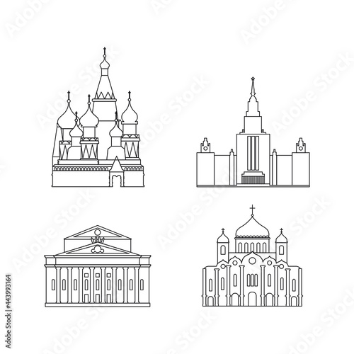 Cartoon symbols and objects set in line of Moscow. Popular tourist architectural objects: St. Basil's Cathedral, MSU, Cathedral of Christ the Saviour, Big Theatre, Moscow icons set.
